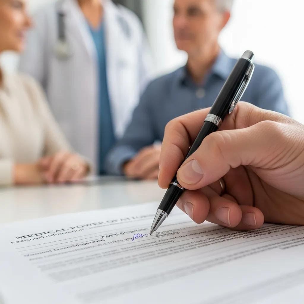 Hand signing a medical power of attorney document with healthcare professionals in the background, emphasizing advance care planning and decision-making.