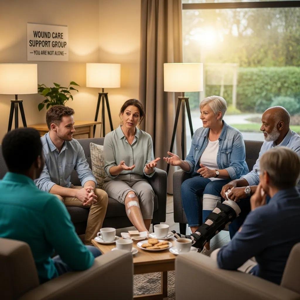 Support group for individuals with chronic wounds, featuring diverse participants engaging in discussion, emotional connection, and sharing experiences, with a focus on community support and healing.