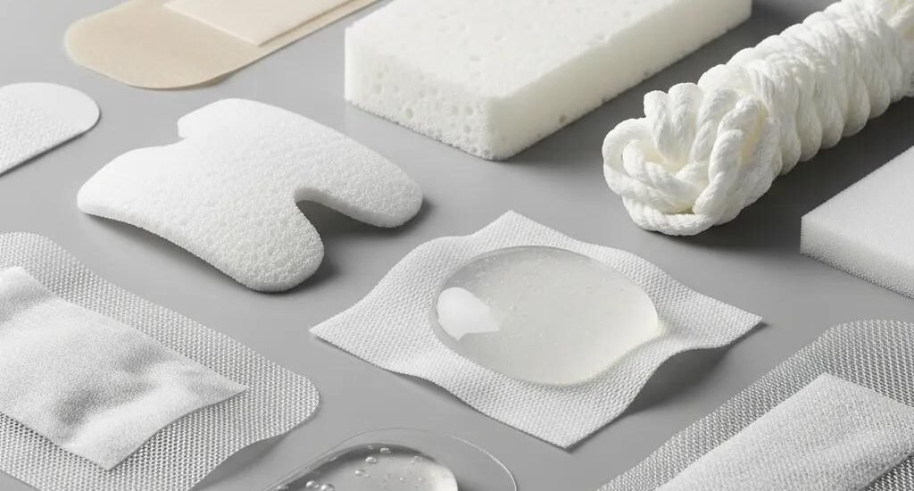 Variety of advanced wound dressings showcasing innovative materials and textures for enhanced healing and patient comfort.