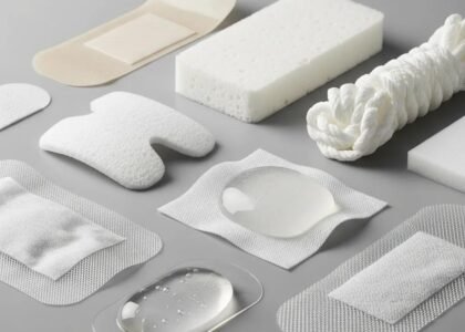 Variety of advanced wound dressings, including hydrocolloid, foam, and adhesive bandages, showcasing innovative materials and textures for effective healing and infection prevention.