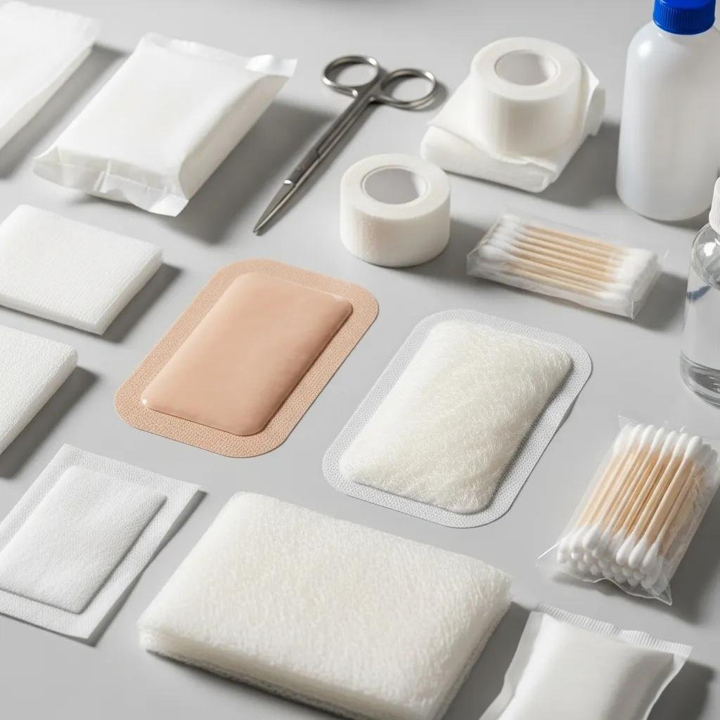 Various traditional wound care supplies including hydrocolloid and alginate dressings, gauze pads, scissors, adhesive tape, cotton swabs, and antiseptic solutions, arranged on a gray background, highlighting their textures and colors relevant to diabetic foot ulcer management.