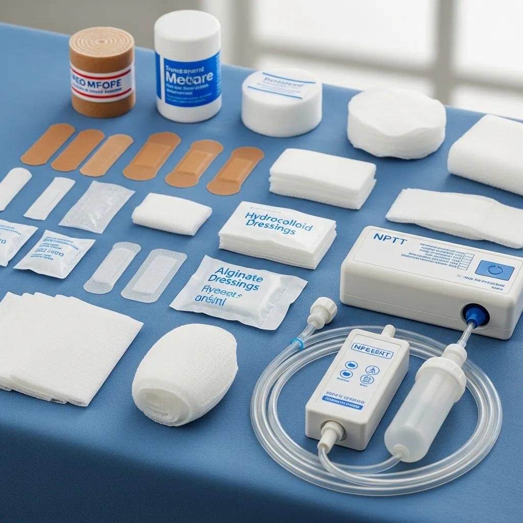 Various wound care supplies including dressings, bandages, and a negative pressure therapy device, relevant to Medicare coverage for wound care services.