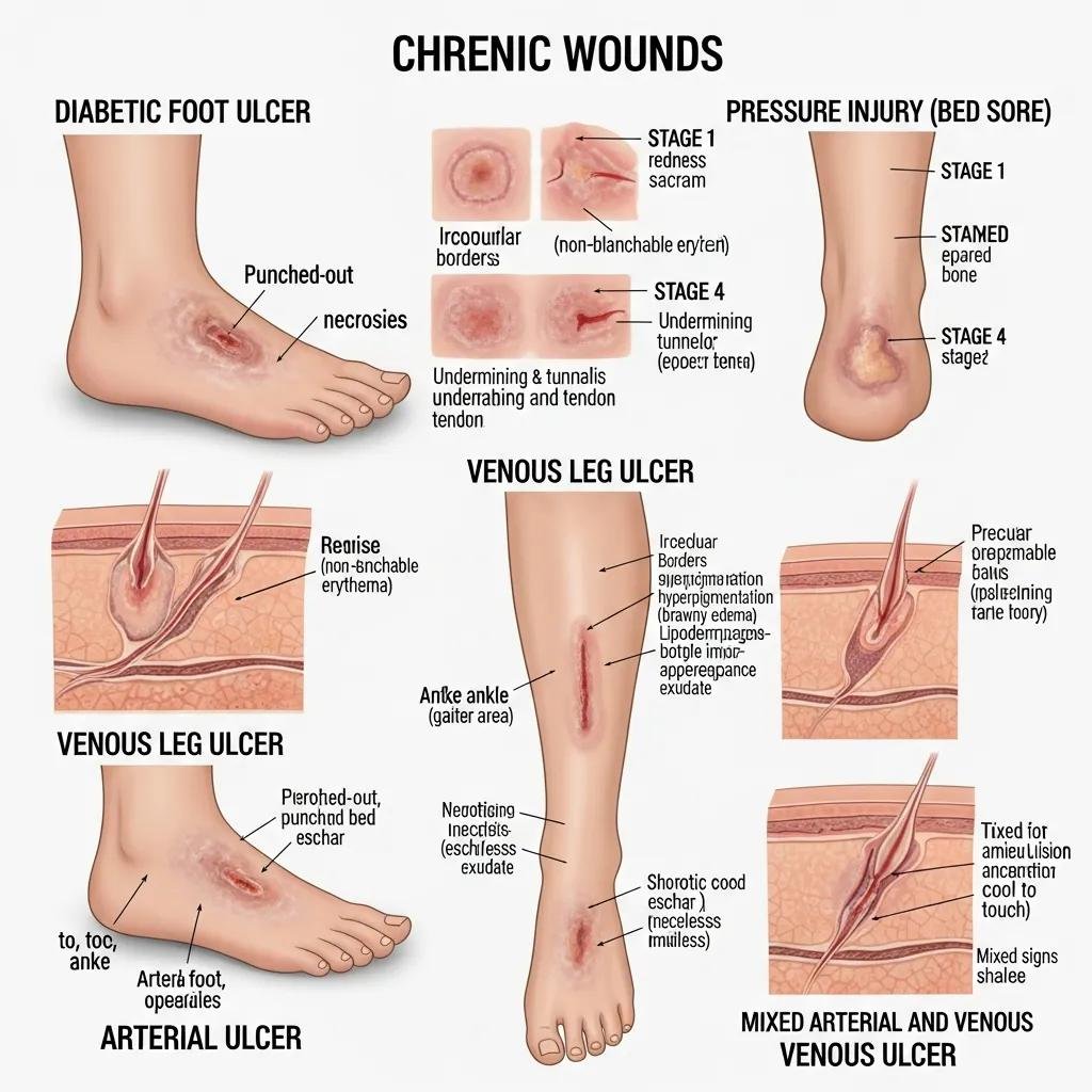 Illustration showing different chronic wound types to help patients recognize and learn about them