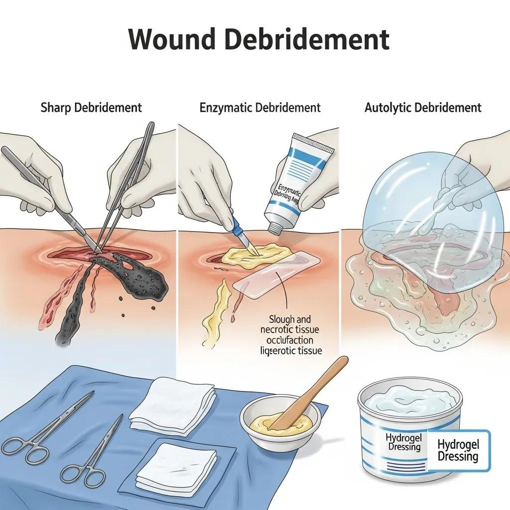 Visual representation of wound debridement methods: sharp debridement using scissors to remove necrotic tissue, enzymatic debridement with topical enzymes, and autolytic debridement employing hydrogel dressing for tissue softening.