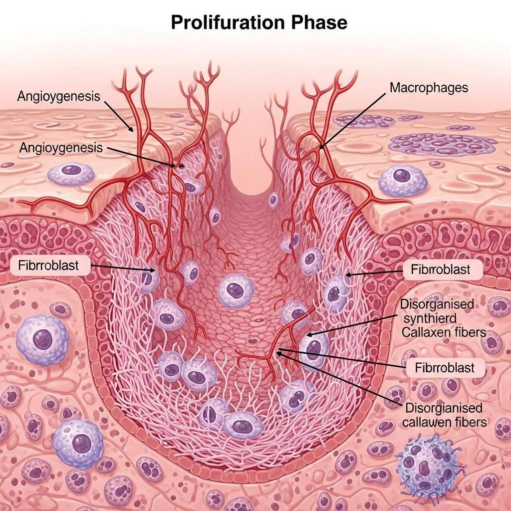 Visual representation of the proliferation phase of wound healing, highlighting angiogenesis, macrophages, fibroblasts, and disorganized collagen fibers, illustrating tissue regeneration and granulation tissue formation.