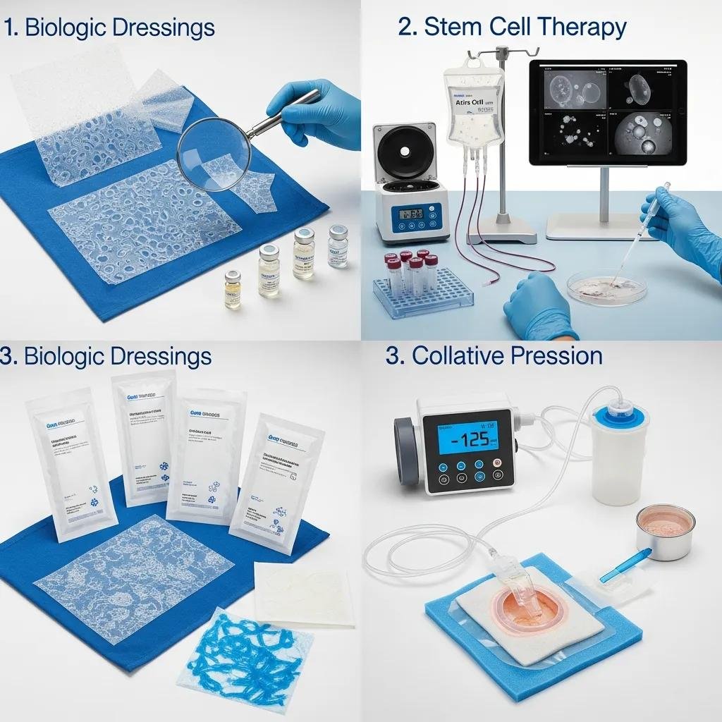 Biologic dressings, stem cell therapy setup, and collation pressure device for regenerative wound therapy options supporting advanced healing and tissue regeneration.