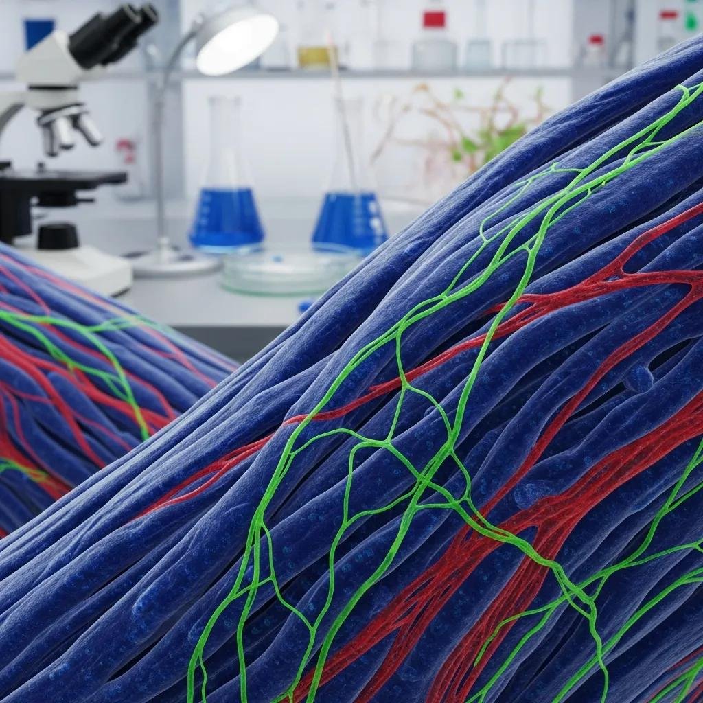 Visual representation of Type I and Type III collagen fibers in a laboratory setting, illustrating their roles in wound healing and tissue repair.