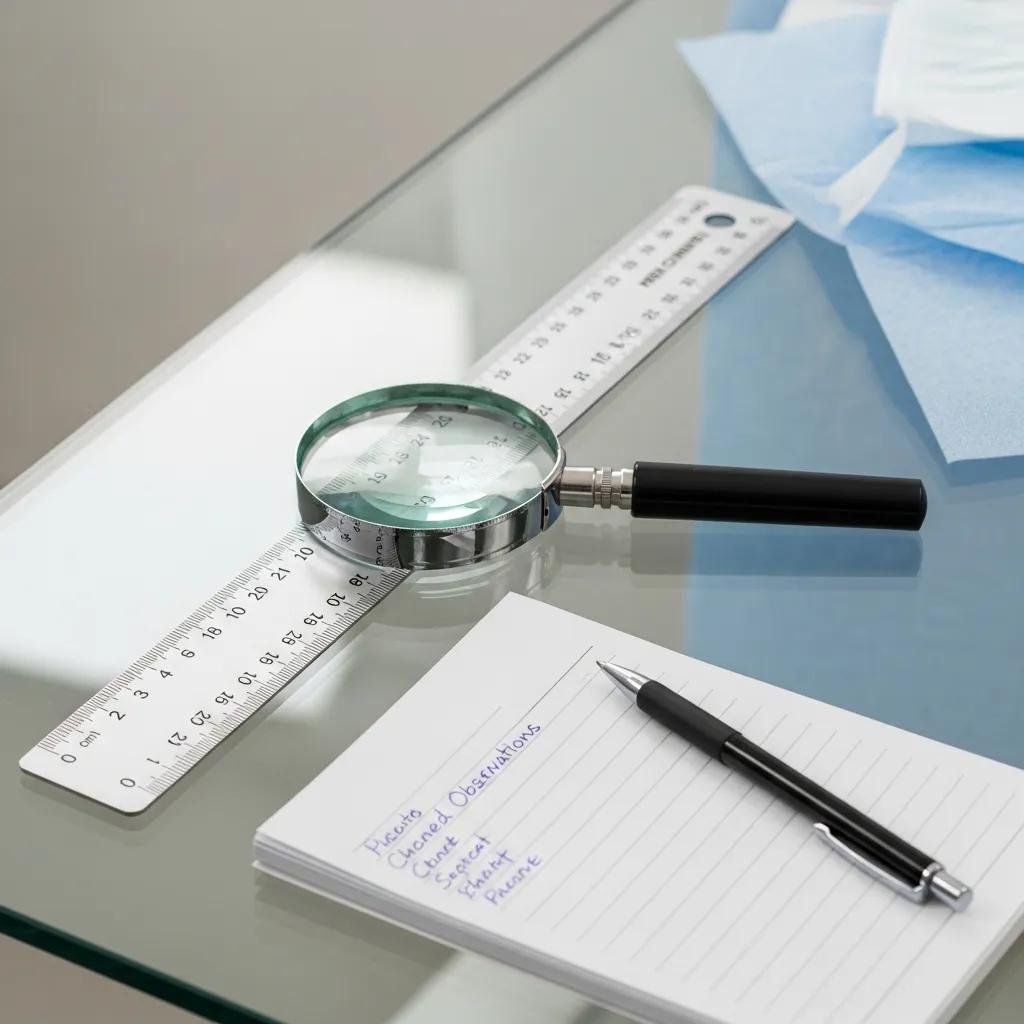 Wound assessment tools including a ruler, magnifying glass, and notepad on a clinical table, highlighting the importance of measuring and documenting diabetic foot ulcers for effective treatment.