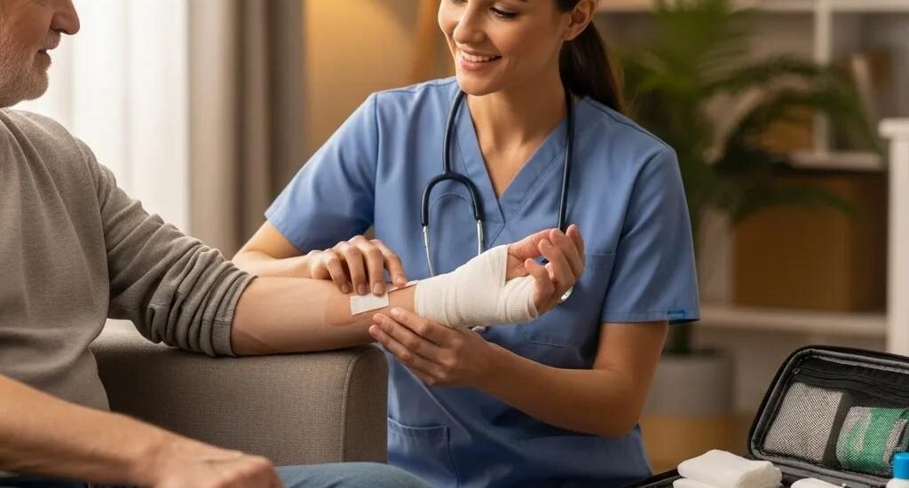 Wound care specialist applying a bandage to a patient's arm in a home setting, emphasizing personalized care for chronic wound treatment.