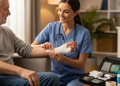 Wound care specialist providing personalized treatment to a patient in a home setting, emphasizing in-home care for effective healing and recovery.