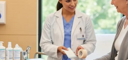 Wound care specialist in clinical setting providing treatment and discussing options with patient, featuring medical supplies and products for advanced wound care.