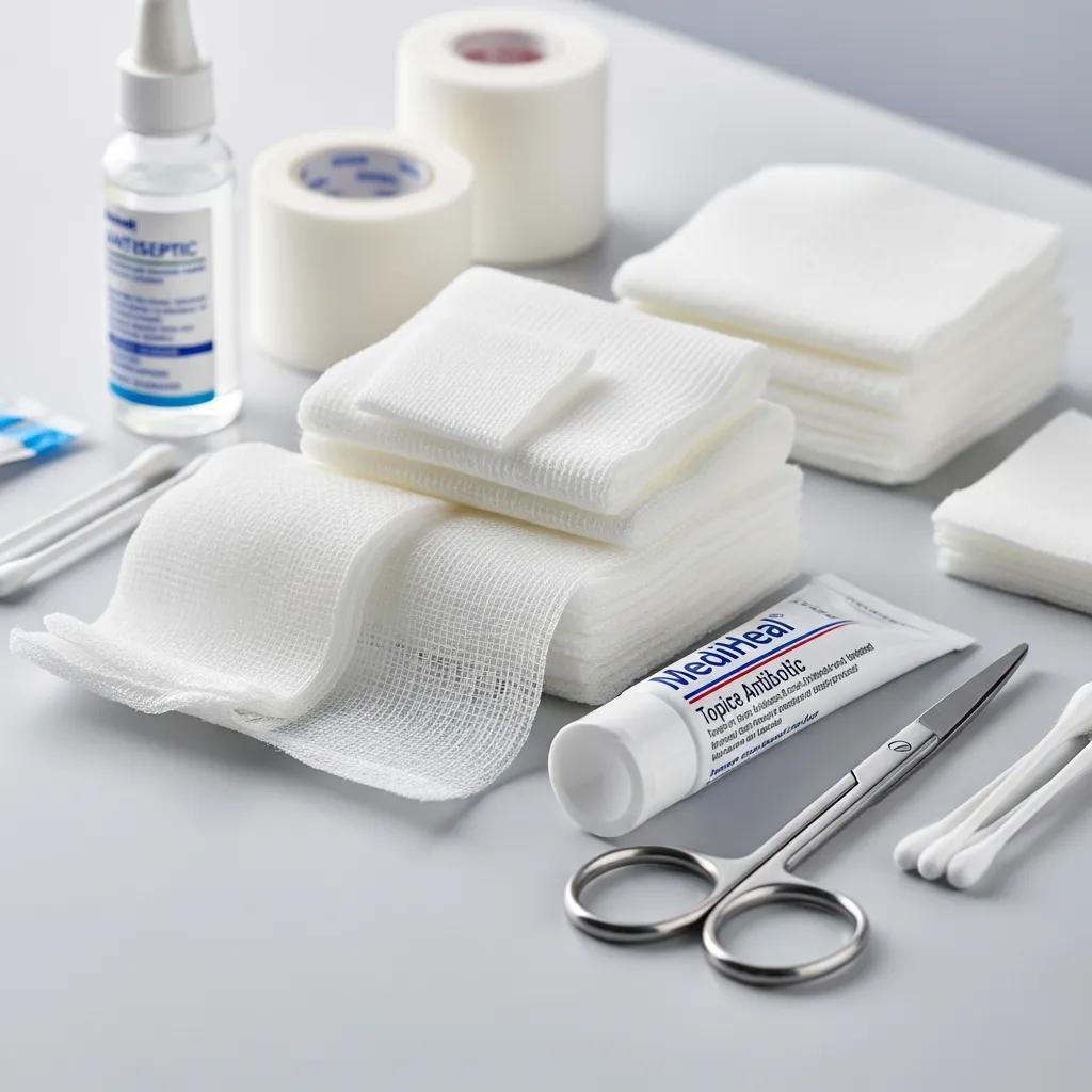 Wound care treatment supplies including various dressings, antiseptic solution, antibiotic ointment, scissors, and cotton swabs arranged on a clean surface, relevant for managing chronic wounds like diabetic foot ulcers and pressure injuries.