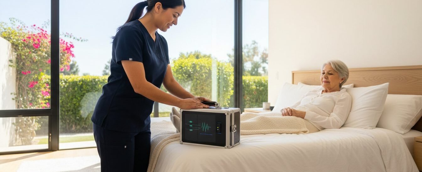 Nurse providing mobile pressure sore care using advanced medical equipment to a relaxed elderly woman in a bright, comfortable bedroom setting.