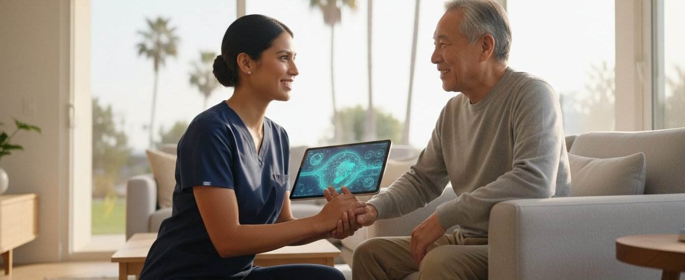 Healthcare professional in scrubs engaging with an elderly patient, showcasing advanced mobile wound care solutions in a comfortable home setting, emphasizing patient-centered care in Southern California.