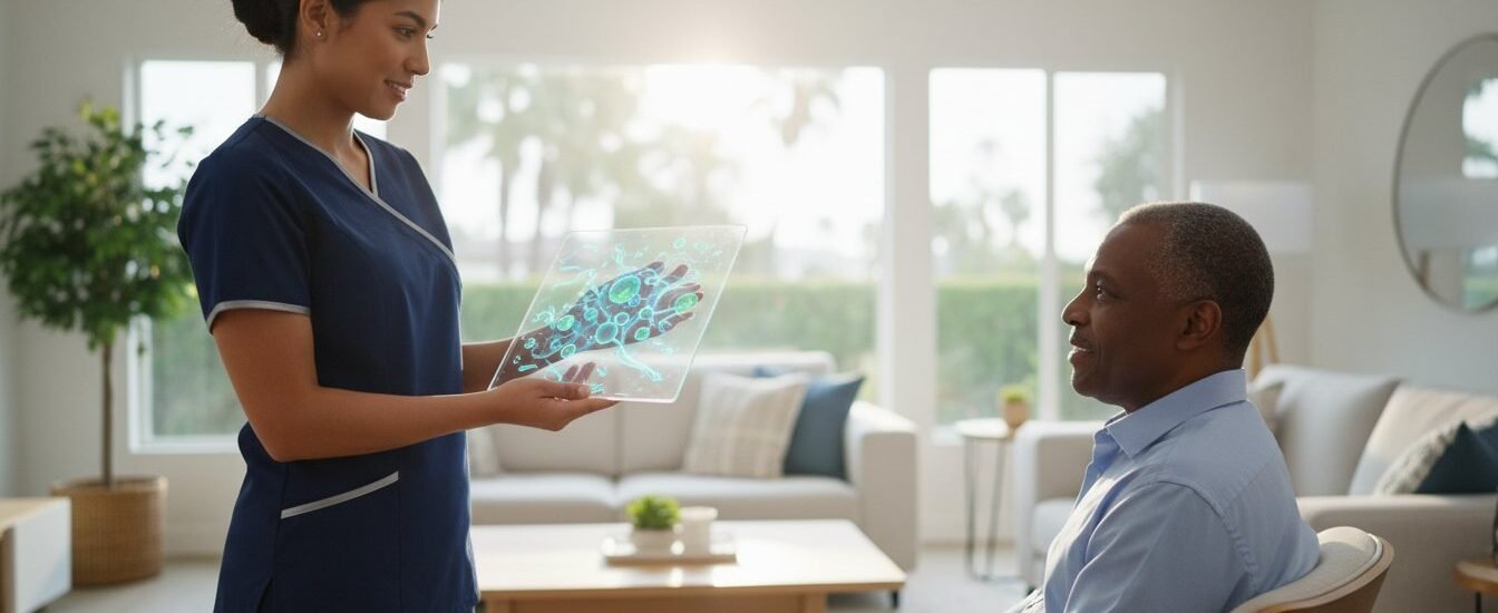 Healthcare professional presenting advanced diagnostic data to a patient in a modern home setting, emphasizing mobile wound culture and sensitivity testing for chronic wound care in Southern California.
