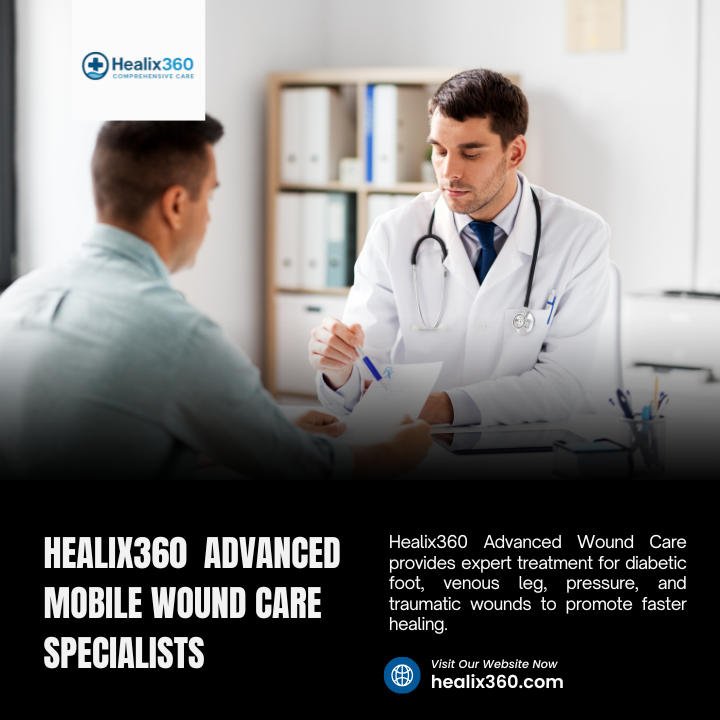 Mobile wound care service nurse discussing treatment with a patient at home