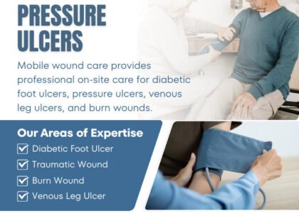 ### Key Elements

**Main Subjects**  
- A healthcare professional attending to an elderly patient.

**Notable Features**  
- Medical equipment, possibly a blood pressure monitor, being used in a home setting.

**Text and Symbols**  
- Title: "PRESSURE ULCERS"  
- Description of services: Mobile wound care for various types of wounds.  
- Areas of expertise listed with checkmarks: Diabetic Foot Ulcer, Traumatic Wound, Burn Wound, Venous Leg Ulcer.  
- Call to action: "CONSULT NOW" with contact information.

**Overall Mood/Theme**  
- The image conveys a sense of care and professionalism, emphasizing the importance of specialized medical attention for wound care in a comforting home environment.