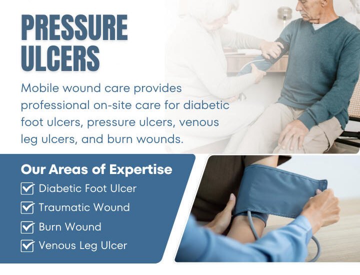 ### Key Elements

**Main Subjects**  
- A healthcare professional attending to an elderly patient.

**Notable Features**  
- Medical equipment, possibly a blood pressure monitor, being used in a home setting.

**Text and Symbols**  
- Title: "PRESSURE ULCERS"  
- Description of services: Mobile wound care for various types of wounds.  
- Areas of expertise listed with checkmarks: Diabetic Foot Ulcer, Traumatic Wound, Burn Wound, Venous Leg Ulcer.  
- Call to action: "CONSULT NOW" with contact information.

**Overall Mood/Theme**  
- The image conveys a sense of care and professionalism, emphasizing the importance of specialized medical attention for wound care in a comforting home environment.