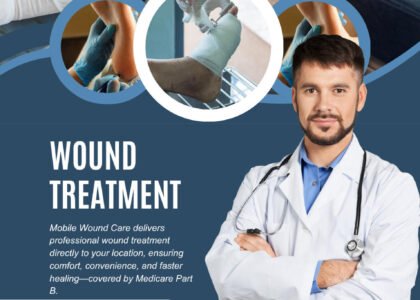 ### Key Elements

#### Main Subjects
- A healthcare professional (doctor or nurse) in a medical setting.
- Patients' feet being treated for wounds.

#### Objects
- Medical supplies and equipment used for wound care.
- Bandages and dressings on the patients' feet.

#### Notable Features
- Clear branding of Healix360 at the top.
- Text highlighting services offered, specifically for wound treatment.
- Mention of Medicare Part B coverage.

#### Text and Symbols
- "Wound Treatment" prominently displayed.
- Specific types of wounds mentioned: "Arterial Wound" and "Diabetic Foot Ulcer."
- Contact information for more details.

### Overall Mood/Theme
The image conveys a professional and caring atmosphere, emphasizing accessibility and specialized medical care for wound treatment. The focus on patient care and the assurance of convenience suggests a commitment to health and recovery.