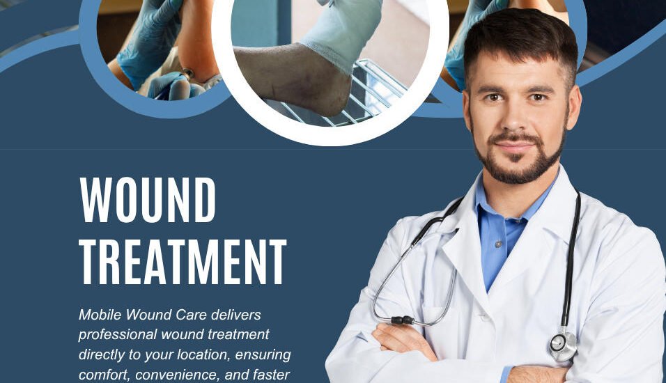 ### Key Elements

#### Main Subjects
- A healthcare professional (doctor or nurse) in a medical setting.
- Patients' feet being treated for wounds.

#### Objects
- Medical supplies and equipment used for wound care.
- Bandages and dressings on the patients' feet.

#### Notable Features
- Clear branding of Healix360 at the top.
- Text highlighting services offered, specifically for wound treatment.
- Mention of Medicare Part B coverage.

#### Text and Symbols
- "Wound Treatment" prominently displayed.
- Specific types of wounds mentioned: "Arterial Wound" and "Diabetic Foot Ulcer."
- Contact information for more details.

### Overall Mood/Theme
The image conveys a professional and caring atmosphere, emphasizing accessibility and specialized medical care for wound treatment. The focus on patient care and the assurance of convenience suggests a commitment to health and recovery.