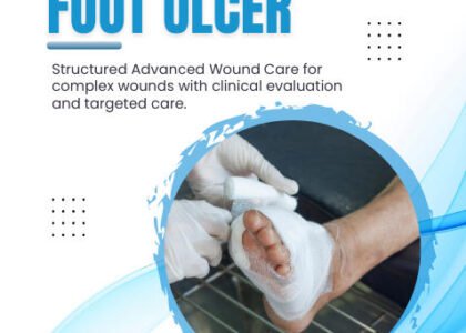 Healthcare professional applying a wound dressing using sterile techniques in a clinical setting