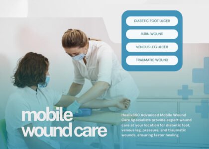 ### Key Elements

**Main Subjects**  
- Healthcare professional assisting a patient.

**Objects**  
- Medical equipment (e.g., bandages, medical supplies).

**Notable Features**  
- Clean, modern healthcare setting.
- Use of personal protective equipment (PPE) by the healthcare worker.

**Text/Symbols**  
- Company name: Healix360.
- Services offered: Diabetic foot ulcer, burn wound, venous leg wound, traumatic wound.
- Contact information: Phone number and website.

### Overall Mood/Theme  
The image conveys a professional and caring atmosphere, emphasizing the importance of mobile wound care services. The use of soft colors and a clean layout suggests a focus on health and healing, aiming to instill confidence in patients seeking treatment.