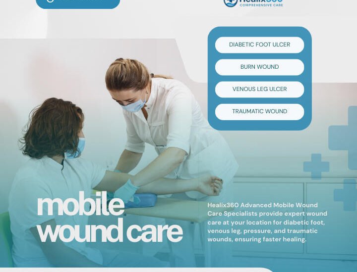 ### Key Elements

**Main Subjects**  
- Healthcare professional assisting a patient.

**Objects**  
- Medical equipment (e.g., bandages, medical supplies).

**Notable Features**  
- Clean, modern healthcare setting.
- Use of personal protective equipment (PPE) by the healthcare worker.

**Text/Symbols**  
- Company name: Healix360.
- Services offered: Diabetic foot ulcer, burn wound, venous leg wound, traumatic wound.
- Contact information: Phone number and website.

### Overall Mood/Theme  
The image conveys a professional and caring atmosphere, emphasizing the importance of mobile wound care services. The use of soft colors and a clean layout suggests a focus on health and healing, aiming to instill confidence in patients seeking treatment.