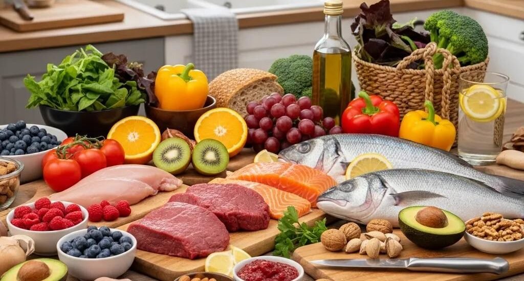 Colorful assortment of fresh foods for wound healing including lean meats, fish, fruits, and vegetables