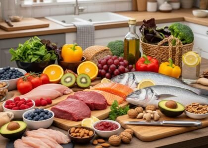 Colorful assortment of fresh foods for wound healing including lean meats, fish, fruits, and vegetables