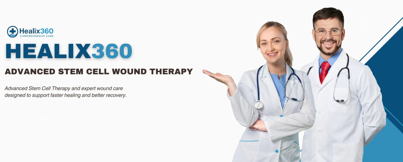 Two medical professionals in white coats promoting advanced stem cell wound therapy.