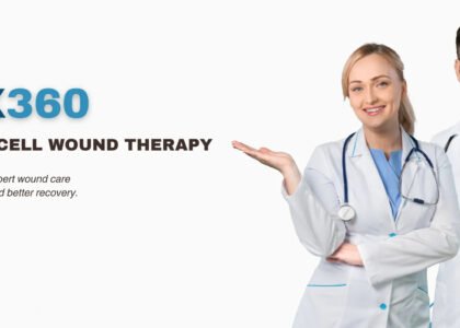 Two medical professionals in white coats promoting advanced stem cell wound therapy.