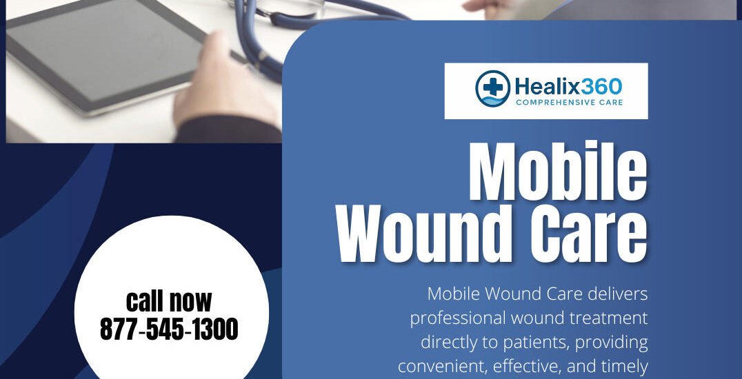 ### Key Elements

**Main Subjects:**
- Healix360 Comprehensive Care

**Objects:**
- Contact information (phone number)
- Services offered (Mobile Wound Care)

**Notable Features:**
- Diabetic Foot Ulcer treatment
- Venous Leg Ulcer treatment
- Mention of Medicare Part B coverage

**Text/Symbols:**
- Phone number for inquiries
- Professional and clear typography

### Overall Mood/Theme
The image conveys a professional and caring approach to wound care, emphasizing accessibility and specialized treatment options. The use of bold colors and clear text creates an inviting and trustworthy atmosphere for potential patients.