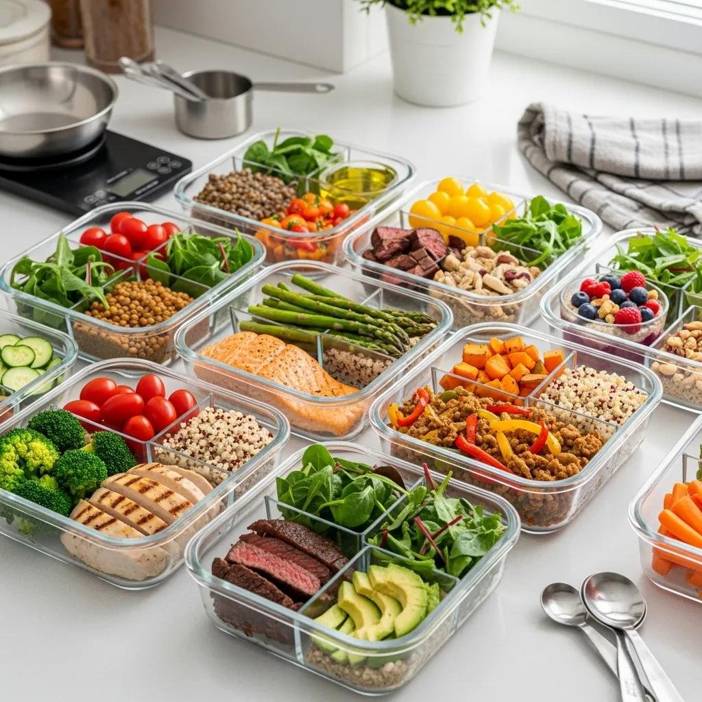 Organized meal prep containers with balanced meals including protein, vegetables, and healthy fats