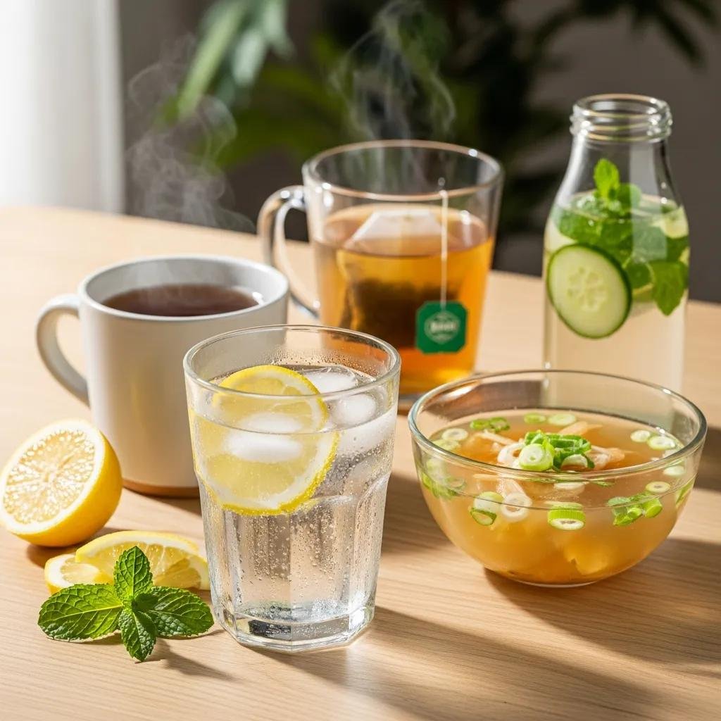 Refreshing glass of water with lemon and various hydrating beverages like herbal tea and broth